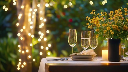 Poster - Elegant outdoor dinner setting with flowers and string lights creating a warm ambiance