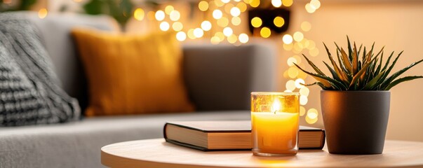 Aufkleber - Cozy home interior with candle book and plant on table with blurred lights in background