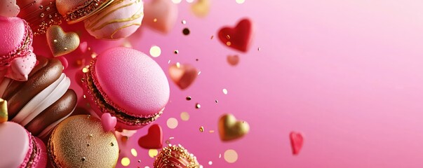 Poster - Pink macarons and gold hearts floating on a pink background with golden confetti accents