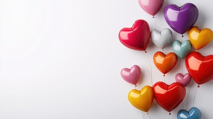 Poster - Colorful heart shaped balloons floating against a white textured wall for a festive background