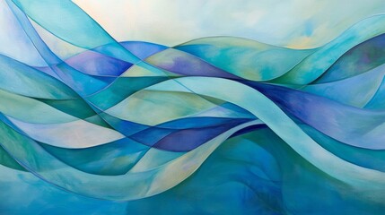 Fototapete - An artistic close-up of flowing, curved lines in shades of blue and green, intertwining and creating a sense of fluidity against a soft gradient background