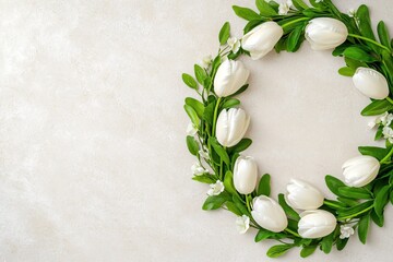 Poster - White tulip wreath on textured background with copy space for spring or easter design