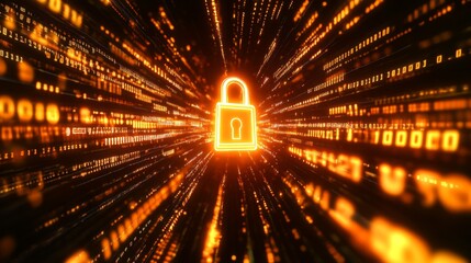 Poster - A glowing padlock amidst flowing binary code symbolizes digital security and encryption in the online world.