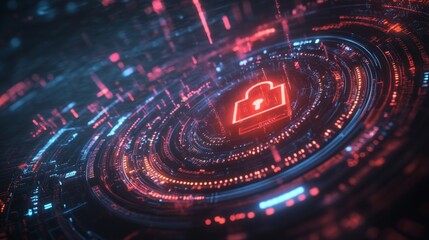Poster - A futuristic digital representation of a secure cloud storage environment, featuring vibrant red and blue neon elements in a circular layout.