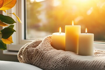 Aufkleber - Three white candles on a knitted blanket with bright sunlight shining through a window