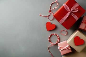 Poster - Gift boxes with red hearts and string on a gray background for valentines day or anniversary