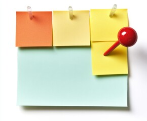 Poster - Three colorful sticky notes and a large blank one pinned with a red pushpin on a white background.