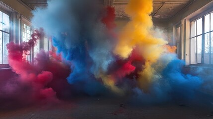 Poster - A dramatic photograph of a burst of colorful smoke filling a room, with hues of red, blue, and yellow creating a captivating visual display.