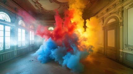 Poster - A dramatic photograph of a burst of colorful smoke filling a room, with hues of red, blue, and yellow creating a captivating visual display.
