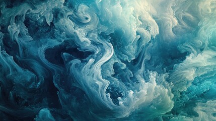 Poster - A dynamic display of swirling smoke in shades of blue and green, with intricate patterns forming and fading against a neutral background.