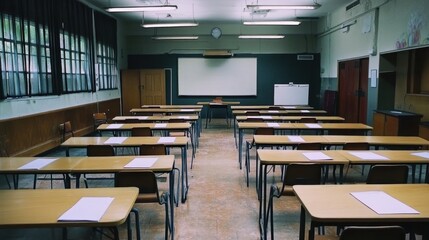 Poster - An empty classroom set up for an exam, with desks spaced apart and neat answer sheets placed on each.