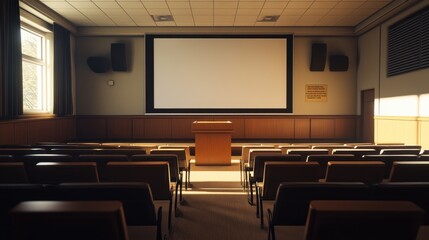 Poster - College lecture room with tiered seating, a blank projector screen, and an untouched podium at the front.