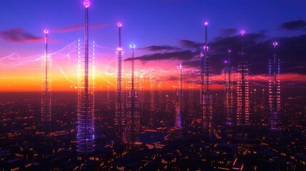 Poster - A futuristic cityscape with tall radio towers emitting glowing waves, symbolizing the role of radio in modern communication networks.