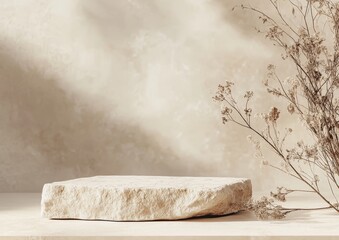 Poster - beige stone podium with dried flowers on neutral background.