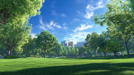 Wall Mural - city park during the day, with expansive green grass and shady areas under trees.