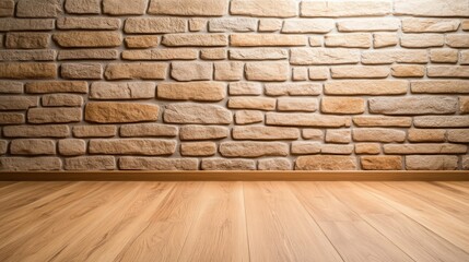 Wall Mural - A warm-toned interior featuring a textured stone wall and wooden flooring.