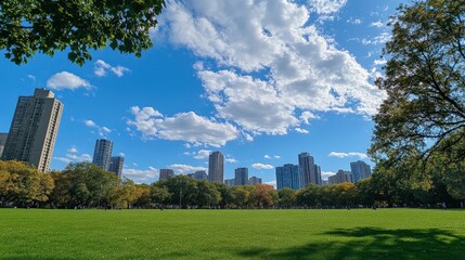 Poster - city park on a bright afternoon, with vibrant green grass under the wide-open sky