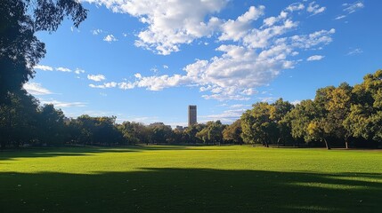 Poster - city park on a bright afternoon, with vibrant green grass under the wide-open sky