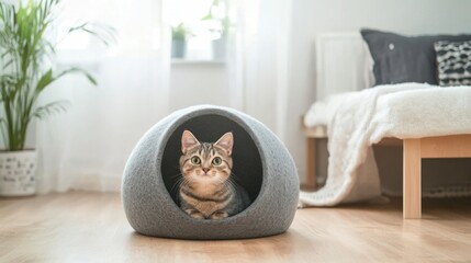 Poster - An igloo-shaped cat house made of soft felt, in calming gray tones, positioned in a quiet corner on a hardwood floor, offering a cozy hideaway