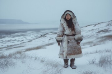 indigenous person wearing traditional winter fur coat is standing in a snowy arctic landscape, evoki
