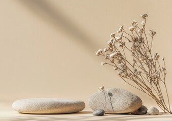 Poster - Beige stones, dried flowers, sunlight shadow on pastel background.