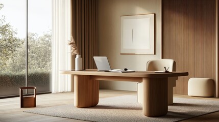 Aufkleber - and modern work desk with a laptop, a notepad, and a pencil holder, set in a quiet room filled with natural light and subtle decor.