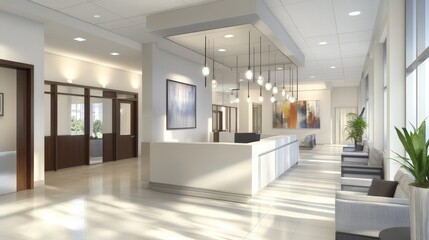 Poster - clean, white office space with modern hanging lights, and spacious desks for individual work