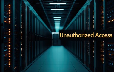 Poster - Cloud Security Threats concept. A dark server room corridor illuminated by blue lights, with the text 