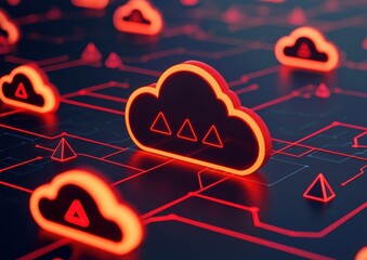 Poster - Cloud Security Threats concept. A futuristic digital landscape featuring glowing clouds, symbolizing cloud computing and data exchange with a tech-focused aesthetic.