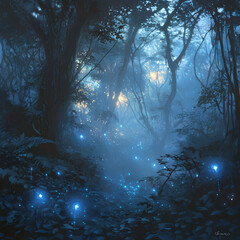 Wall Mural - Enchanted Forest Path: A mystical path winds through a dense, fog-shrouded forest, illuminated by the ethereal glow of bioluminescent flora. The scene evokes a sense of wonder and mystery. 