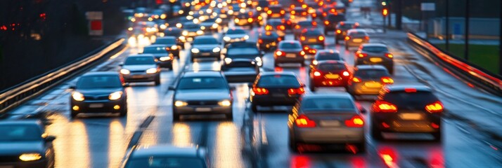 Poster - Evening Traffic Jam on Wet Highway Blurred Lights