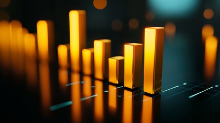 Poster - A D bar chart with gold bars of different heights on a reflective black surface, symbolizing rising gold prices, with bright lighting effects