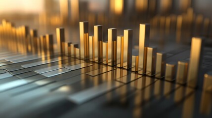 Leinwandbilder - A D bar graph with gold and silver bars illustrating financial performance, displayed on a reflective surface with soft shadows for a luxurious look