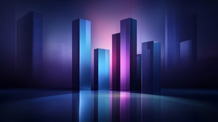 Leinwandbilder - A D bar graph with tall, transparent bars in shades of blue and purple, set on a reflective surface with a soft spotlight effect