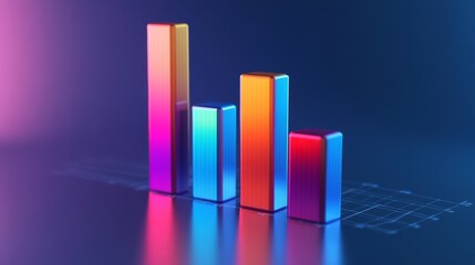 Leinwandbilder - A D bar graph with vibrant, semi-transparent bars of varying heights on a gradient blue background, with reflections adding a sleek, polished effect