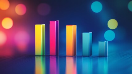 Fototapete - A D bar graph with vibrant, semi-transparent bars of varying heights on a gradient blue background, with reflections adding a sleek, polished effect