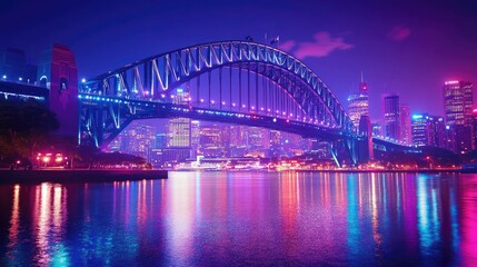 Poster - A stunning night view of a well-lit bridge arching over a river, with reflections shimmering on the water and city lights creating a vibrant scene.