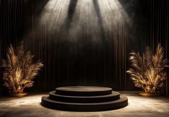 Poster - Dark stage with three-tiered platform, gold plants, and spotlight.