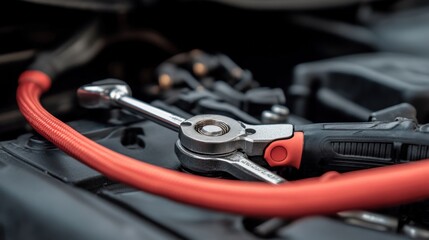 Poster - close-up of a set of quality auto repair tools, including a torque wrench, ratchet set, and jumper c