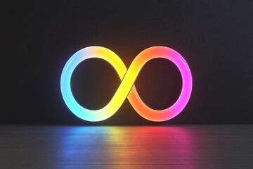 glowing rainbow infinity symbol on dark background.