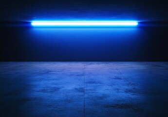 Poster - Blue neon light illuminates dark concrete floor.