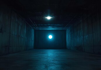 Poster - Dark, grungy tunnel with single blue light source at end.