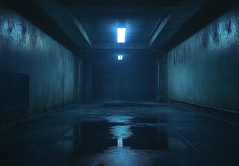 Poster - Dark, wet, underground passage with dim lighting.