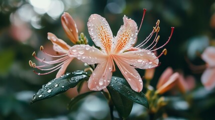 Poster - A beautiful flower with transparent water droplets on its delicate petals, set against a blurred nature background.