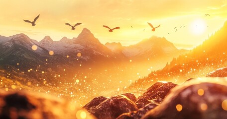 Wall Mural - majestic sunset over snow-capped mountains with birds in flight and magical golden light.
