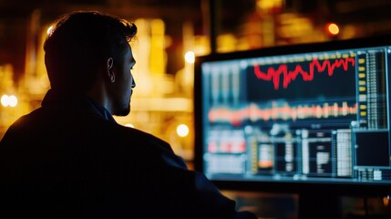 Poster - financial analyst reviewing crude oil price trends on a computer screen, monitoring market changes f