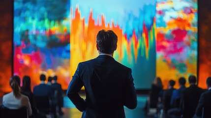 Poster - financial expert presenting a growth chart in a seminar on long-term investment strategies.