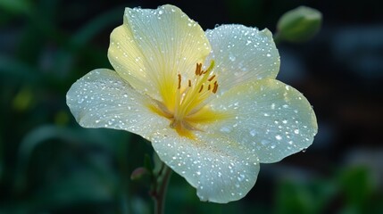 Poster - A beautiful flower with transparent water droplets on its delicate petals, set against a blurred nature background.