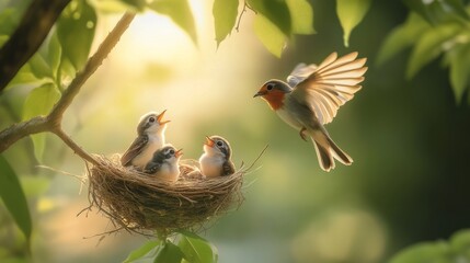 Poster - A beautiful image of a nest with baby birds looking up, with a blurred background of their parent bird flying in to feed them, highlighting nature's dynamics