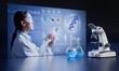 © Paulista - Science research LCD screen panel with microscope and chemical glassware. DNA engineering and pharmaceutical research.